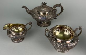 A LARGE SILVER TEA SET MARKED OF IW POSSIBLY JOHN WALTON CIRCA 1830'S, Chased and repousse design