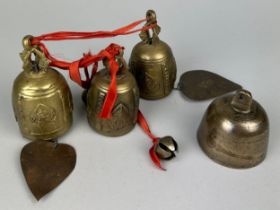 THREE SOUTH EAST ASIAN BRASS OR BRONZE BELLS AND ANOTHER UNRELATED (4)