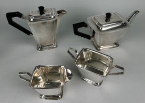 AN ART DECO SILVER TEA SET BY WILLIAM ADAMS COMPRISING A TEA POT, COFFEE POT, MILK JUG AND SUGAR