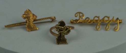 TWO 14CT GOLD BROOCHES AND A RING (3) Two in the shape of 'Guyana' and labelled as such (brooch