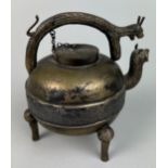 A 20TH CENTURY CHINESE BRASS INCENSE BURNER ON TRIPOD FEET, 9cm x 9cm