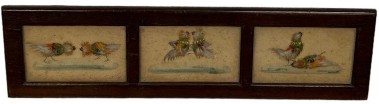 COCKFIGHTING INTEREST: A FRAMED SET OF THREE WATERCOLOURS WITH APPLIED BIRD FEATHERS DEPICTING A