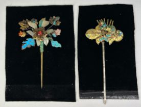 TWO CHINESE FLORAL HAIRPINS POSSIBLY QING DYNASTY WITH REMNANTS OF KINGFISHER FEATHERS, HARDSTONES