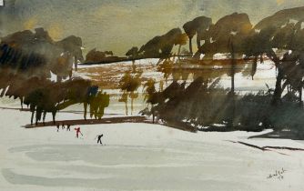 HAL YATES ‘SKIING IN THE BOLLIN VALLEY’ WATERCOLOUR PAINTING ON PAPER, Signed and dated 1974.