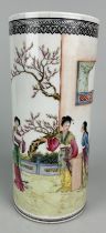 A MID 20TH CENTURY CHINESE SLEEVE VASE OR HAT STAND, Painted with figures. 27cm x 10cm