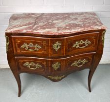 A LATE 18TH CENTURY ITALIAN BOMBE COMMODE WITH PINK VARIEGATED MARBLE TOP, Brass mounts, handles and