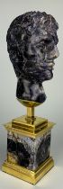 AN EXCEPTIONAL BLUE JOHN OR FLUORITE BUST OF A ROMAN EMPEROR MOUNTED ON A BLUE JOHN AND GILT METAL