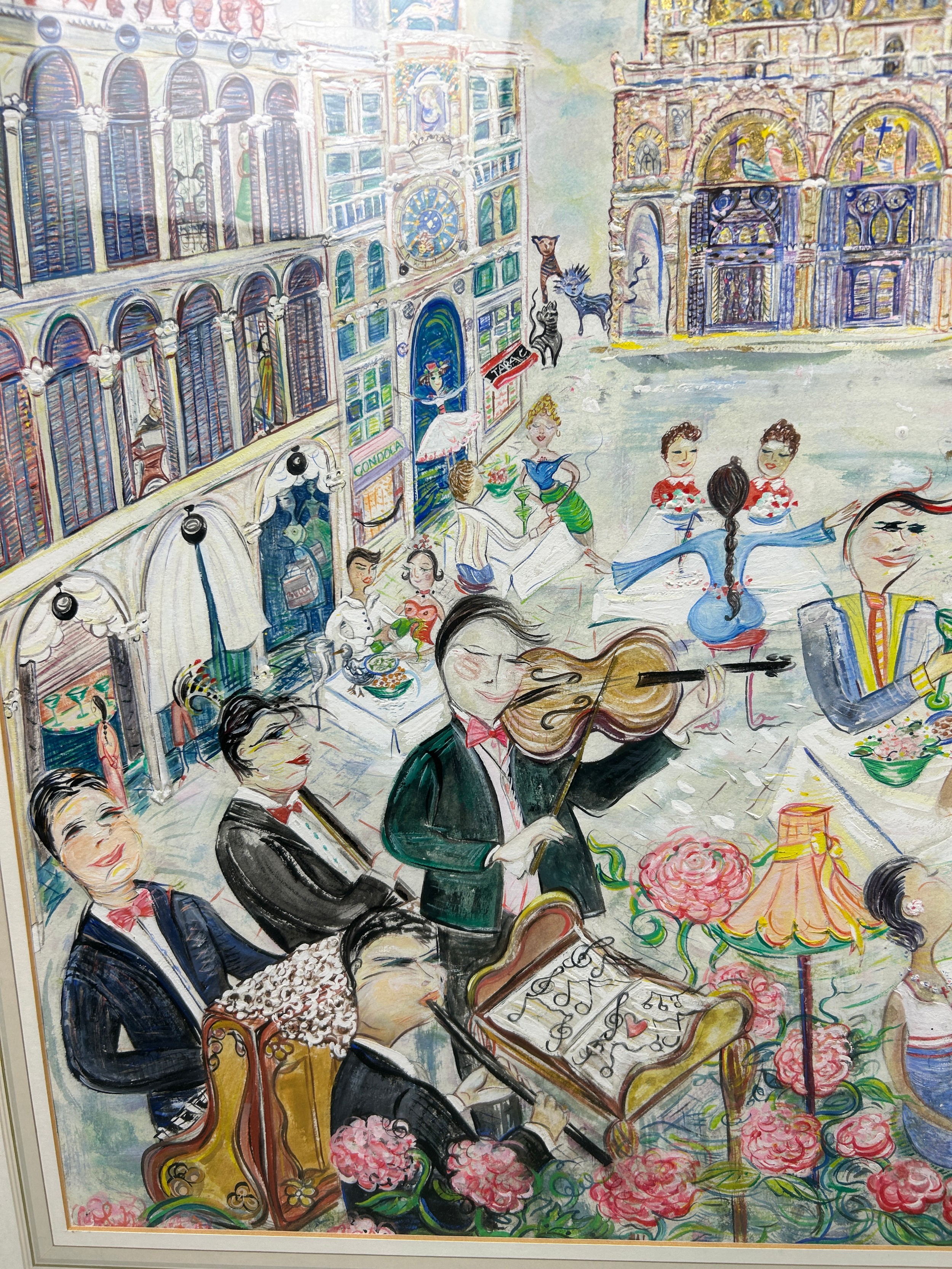 A LARGE WATERCOLOUR PAINTING ON PAPER OF MUSICIANS IN A SQUARE PROBABLY FLORENCE OR VENICE, ITALY - Image 4 of 7