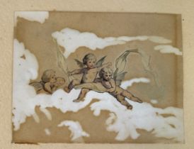 AN INK AND WASH DRAWING OR PRINT OF THREE WINGED PUTTI IN THE ITALIAN BAROQUE STYLE,