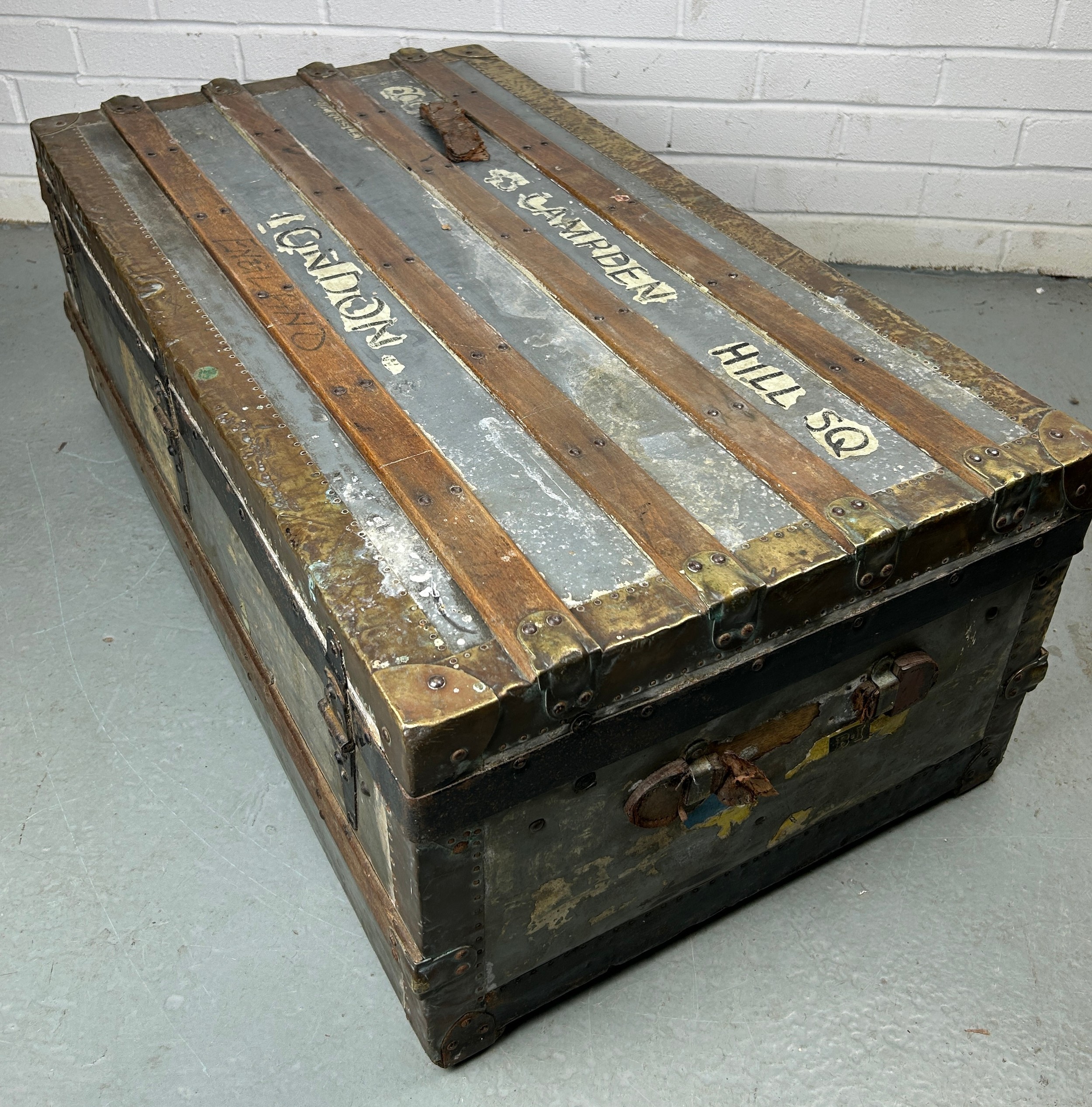 A LARGE ZINC AND BRASS BOUND EXPLORERS TRUNK, 92cm x 52cm x 33cm Late 19th or early 20th Century, - Image 5 of 7