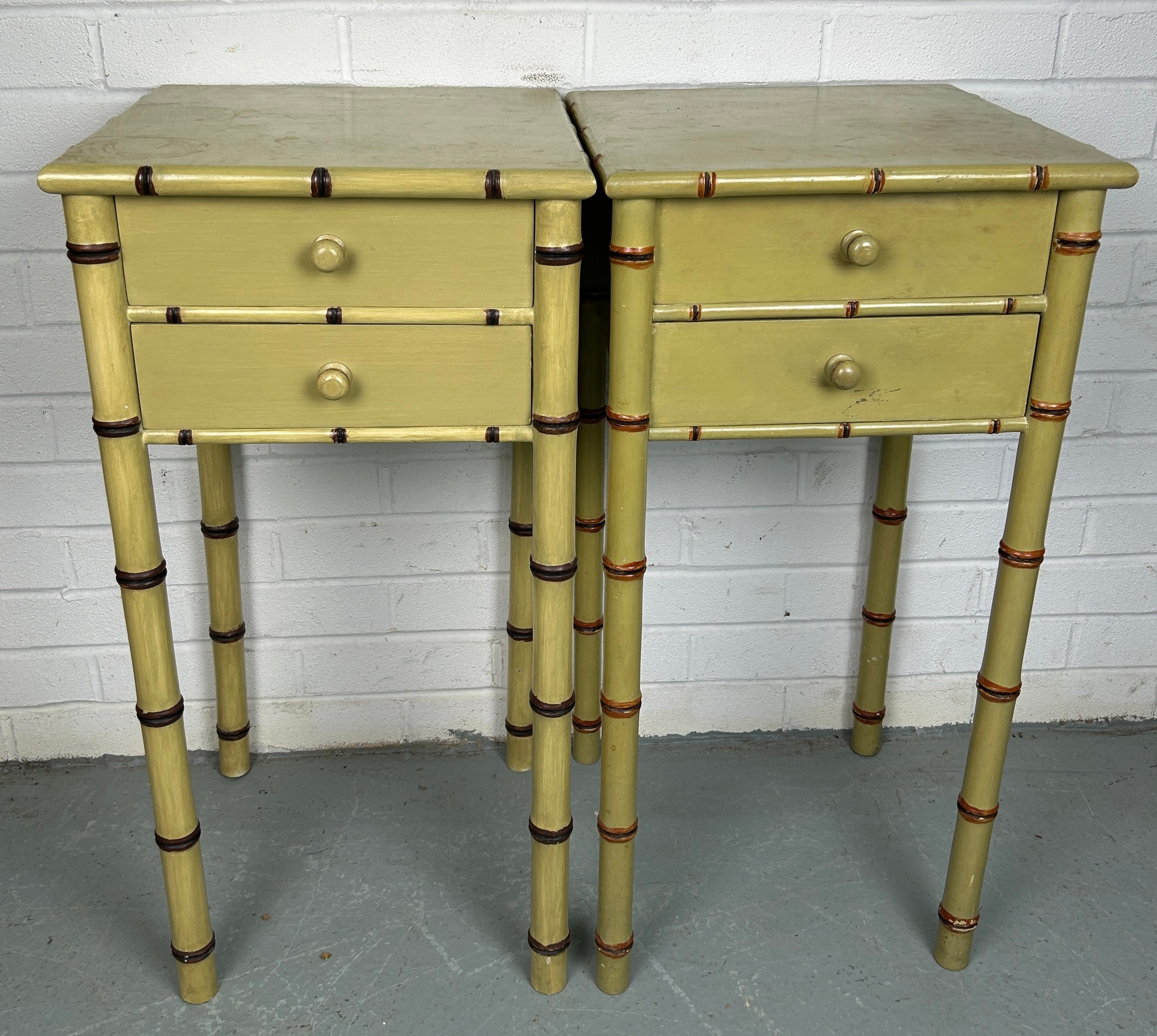 A PAIR OF FAUX BAMBOO PAINTED BESIDE TABLES WITH TWO DRAWERS (2) 75cm x 37cm x 37cm each. - Image 3 of 4