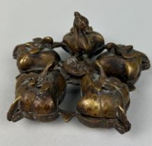 A CHINESE BRONZE PEACOCK SPICE DISH WITH FIVE COMPARTMENTS, 12cm x 7cm