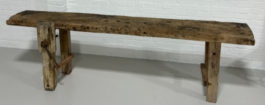 A VERY LARGE COUNTRY HOUSE RURAL WORK BENCH, 250cm x 72cm x 40cm