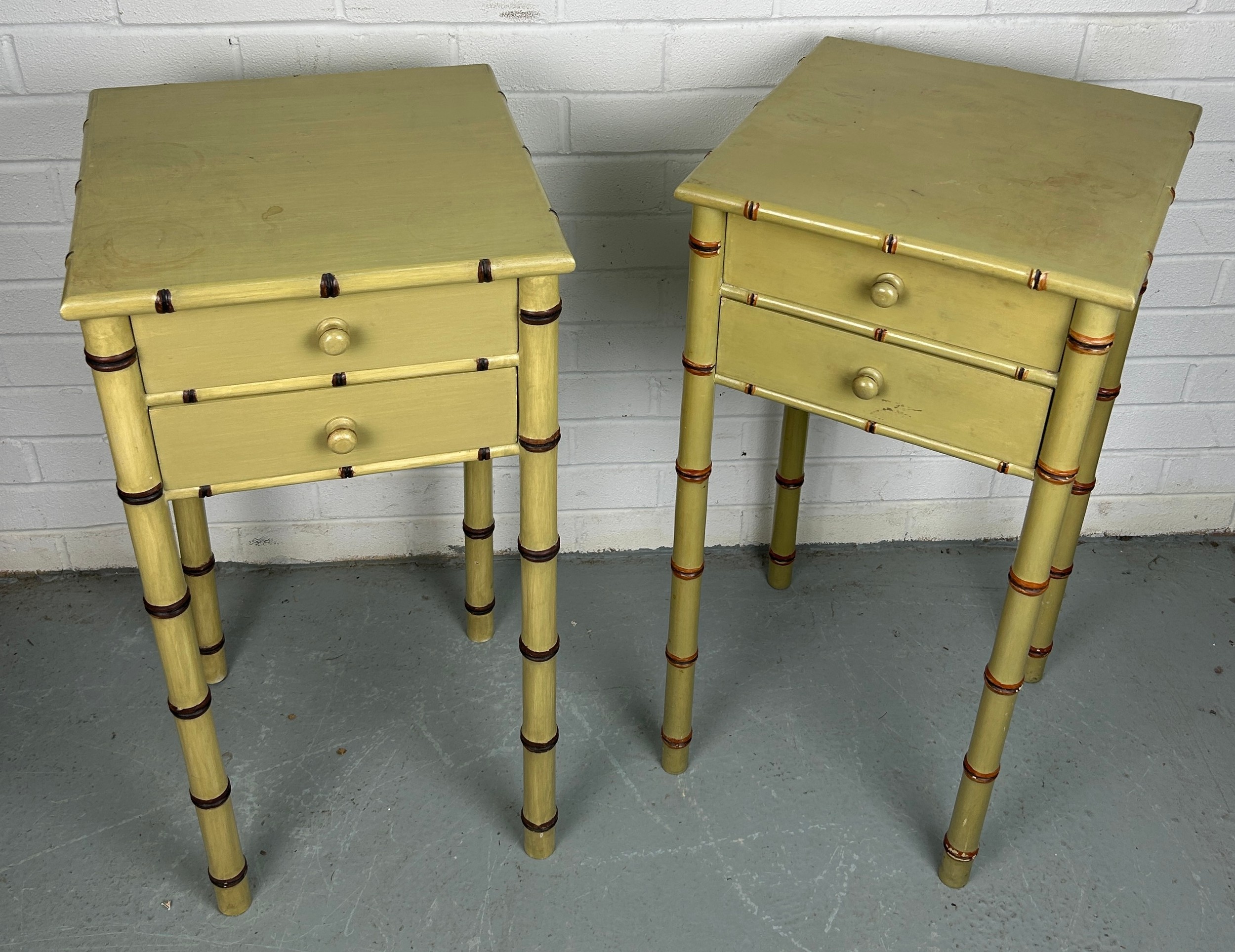 A PAIR OF FAUX BAMBOO PAINTED BESIDE TABLES WITH TWO DRAWERS (2) 75cm x 37cm x 37cm each. - Image 2 of 4