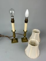 A PAIR OF BRASS TABLE LAMPS WITH SHADES, 30cm H