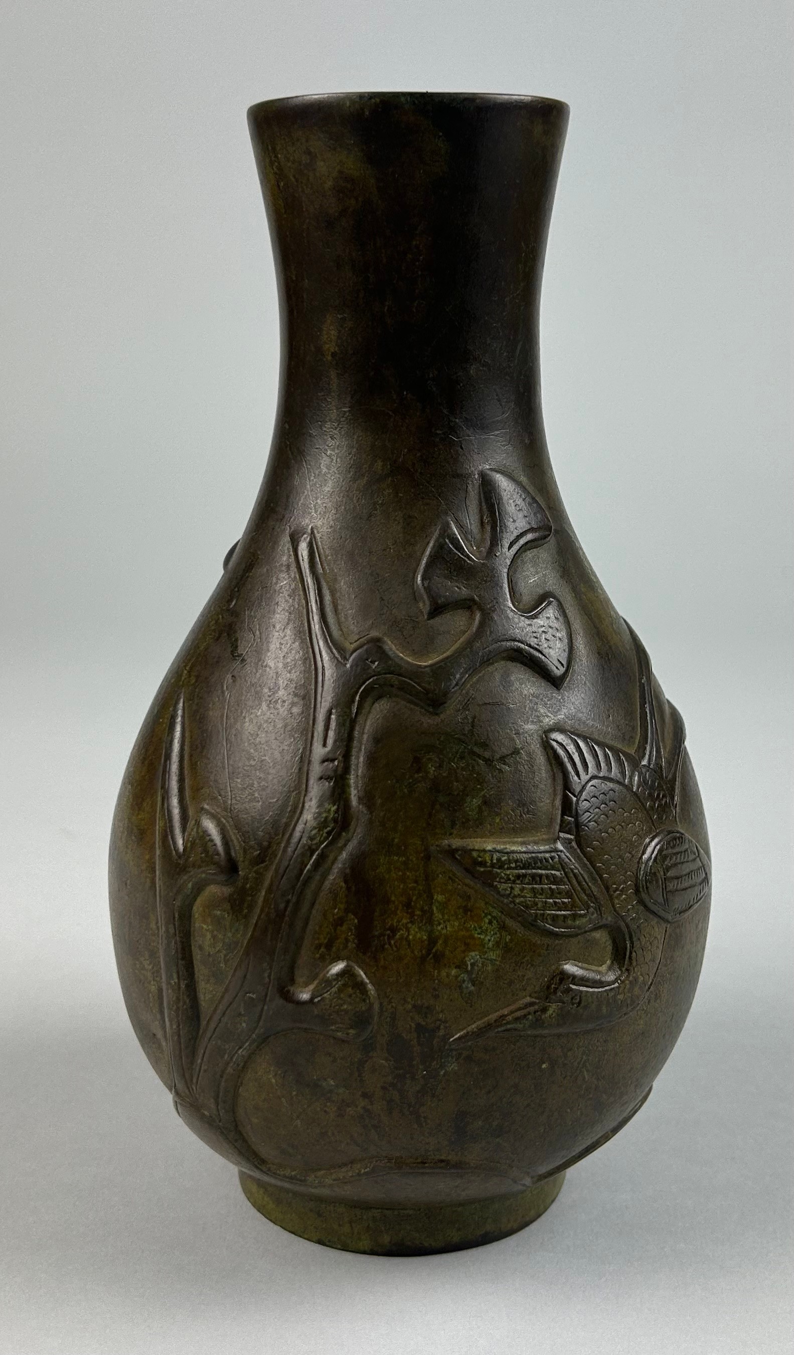 A CHINESE BRONZE VASE DECORATED WITH DEER AND BAMBOO, Ming dynasty marks, but not of the period.