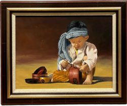 20TH CENTURY MYANMAR SCHOOL: OIL PAINTING ON BOARD OF A CHILD PAINTING POTTERY, Signed 'Kyaw Kyaw'