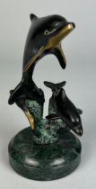 A BRONZE SCULPTURAL GROUP OF TWO DOLPHINS ON A MARBLE STAND, 14cm H