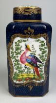 A 19TH CENTURY SEVRES STYLE BLUE GROUND LIDDED JAR AND COVER OR TEA CANNISTER, Gilt panels decorated