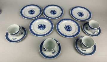 A SET OF FIVE ROYAL COPENHAGEN BLUE AND WHITE FLORAL PLATES ALONG WITH FOUR TEA CUPS AND SAUCERS (