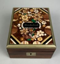 A WATCH CASE INLAID WITH MARBLE, Fitted interior. 10cm x 8cm x 4cm