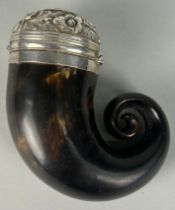 A SCOTTISH SNUFF HORN OR MULL WITH SILVER TOP SET WITH A CITRINE ENGRAVED FOR 'ROBERT SMITH,