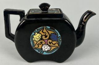 A BLACK VICTORIAN TEA POT PAINTED IN THE CHINESE STYLE