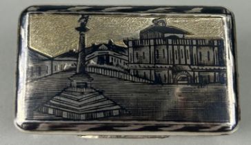 A 19TH CENTURY SILVER NIELO SNUFF BOX, 5cm x 3cm x 1.5cm