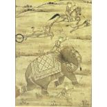 A 19TH CENTURY INDIAN ALBUM PAGE DEPICTING FIGURES HUNTING RIDING HORSE BACK AND ON ELEPHANTS, 9cm x