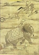 A 19TH CENTURY INDIAN ALBUM PAGE DEPICTING FIGURES HUNTING RIDING HORSE BACK AND ON ELEPHANTS, 9cm x