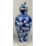 AN EARLY 19TH CENTURY CHINESE BLUE AND WHITE PORCELAIN VASE DECORATED WITH PRUNUS FLOWERS, 22cm H