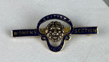 A BRITISH WOMENS SECTION ENAMEL AND 9CT GOLD PIN WITH LIONS HEAD, Weight: 5.6gms To Mrs W Anderson