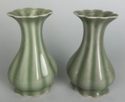 A PAIR OF CELADON YUHUCHUN SHAPED VASES, 20th Century. 15cm H each.