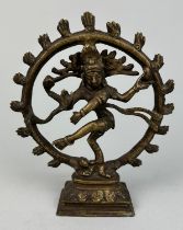 AN EARLY 20TH CENTURY BRONZE FIGURE OF THE DANCING SHIVA (NATARAJA), 15cm x 13cm