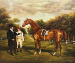 AN OIL ON CANVAS PAINTING DEPICTING A RACEHORSE, JOCKEY AND TRAINER, 69cm x 59cm Mounted in a wooden