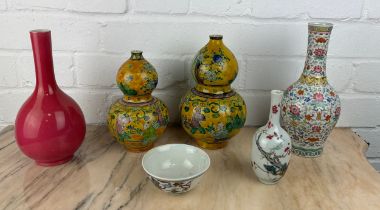 A COLLECTION OF 20TH CENTURY CHINESE VASES (6) To include monochrome pink bottle vase, pair of