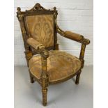 A MODERN LOUIS XVI STYLE FRENCH FAUTEUIL, Gilt wood upholstered in silk fabric. 98cm x 62cm x 49cm