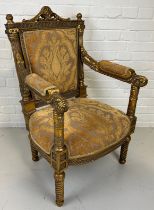 A MODERN LOUIS XVI STYLE FRENCH FAUTEUIL, Gilt wood upholstered in silk fabric. 98cm x 62cm x 49cm