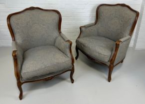 A PAIR OF FRENCH WALNUT BERGERE ARMCHAIRS UPHOLSTERED IN GREY PAISLEY FABRIC, 91cm x 74cm x 68cm