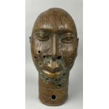 A LARGE AFRICAN BENIN BRONZE HEAD, 20th Century 41cm x 22cm