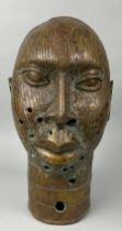 A LARGE AFRICAN BENIN BRONZE HEAD, 20th Century 41cm x 22cm