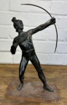 A CAST METAL SCULPTURE OF AN ARCHER WITH BOW AND ARROW, On wooden stand. 27cm H