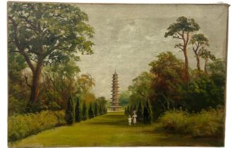 JAMES ISIAH LEWIS (1861-1934): AN OIL ON CANVAS PAINTING DEPICTING A PAGODA IN KEW GARDENS, 61cm x