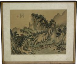 A CHINESE PAINTING ON SCROLL DEPICTING LANDSCAPES, 36cm x 30cm Mounted in a frame and glazed.