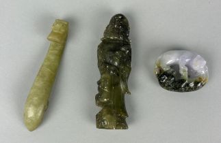 A COLLECTION OF THREE CHINESE JADE ITEMS, To include belt hook with dragons head. Largest 11cm L