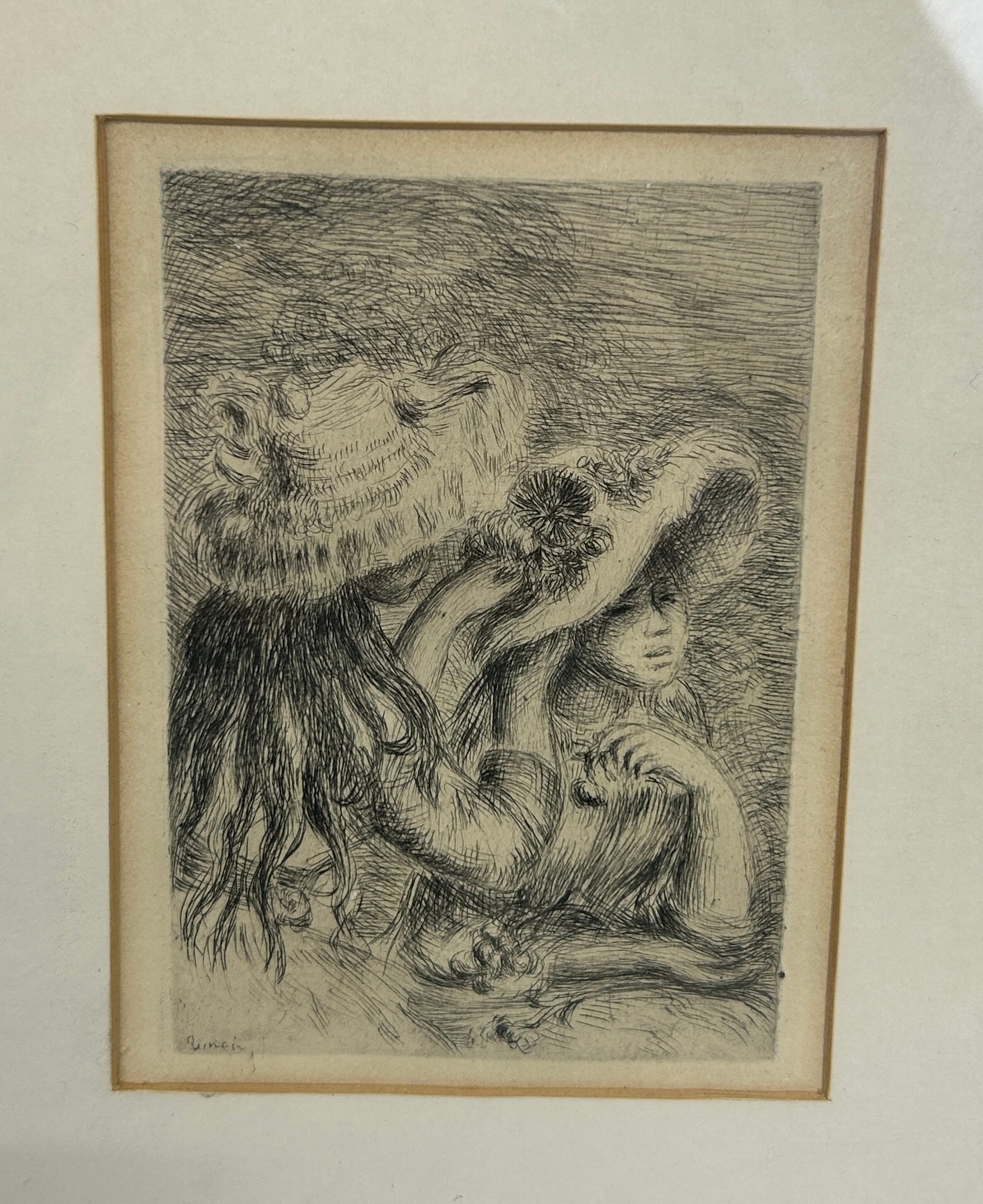 AFTER PIERRE AUGUSTE RENOIR: A PAIR OF ETCHINGS 'LE CHAPEAU EPINGLE' AND 'SUR LA PLAGE' Mounted in - Image 3 of 3