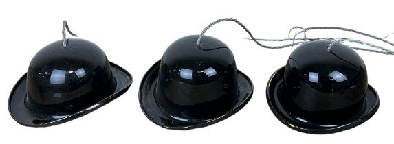 A SET OF THREE BLACK GLASS 'BOWLER HAT' CEILING LIGHTS, Largest 29cm x 26cm