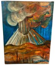 AFTER GERARDO MURILLO (DR ATL) (MEXICAN 1875-1964): AN OIL ON BOARD PAINTING DEPICTING A VOLCANO,