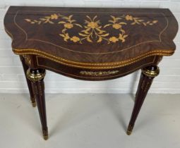 A FRENCH STYLE CARD TABLE WITH GILT METAL MOUNTS, MARQUETRY DETAIL AND GREEN BAIZE INTERIOR, 89cm