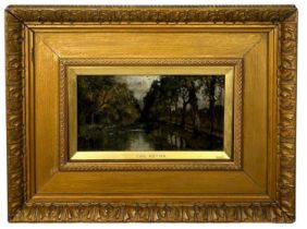 CARL / KARL HEFFNER (1849-1925): AN OIL ON CANVAS LANDSCAPE PAINTING, 27cm x 14cm Mounted in a